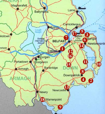 Northern Ireland Map marking the Golf Courses of County Armagh and County Down