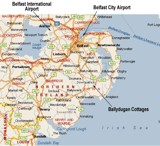 Northern Ireland map showing the airports and Ballydugan Cottages